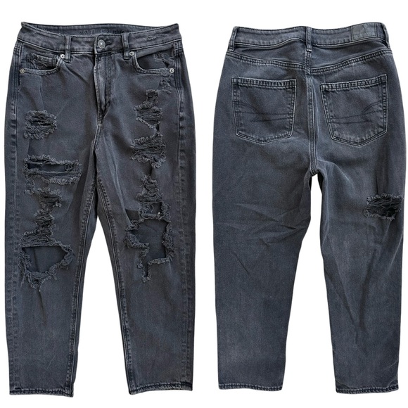 American Eagle Black-ish Gray Ripped High Rise “Mom Jean” Size 4 Extra Short - Picture 1 of 9